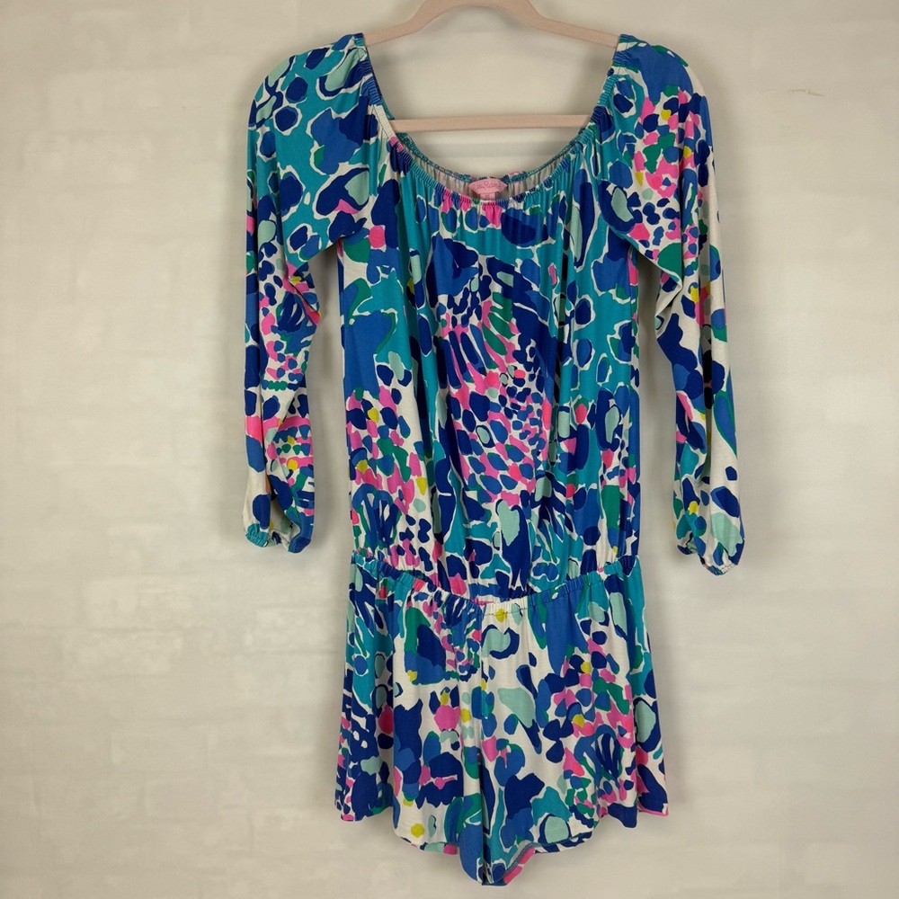 Lilly Pulitzer Romper Size XS Pink‎ Blue Long Sleeve Vacation Colorful Art